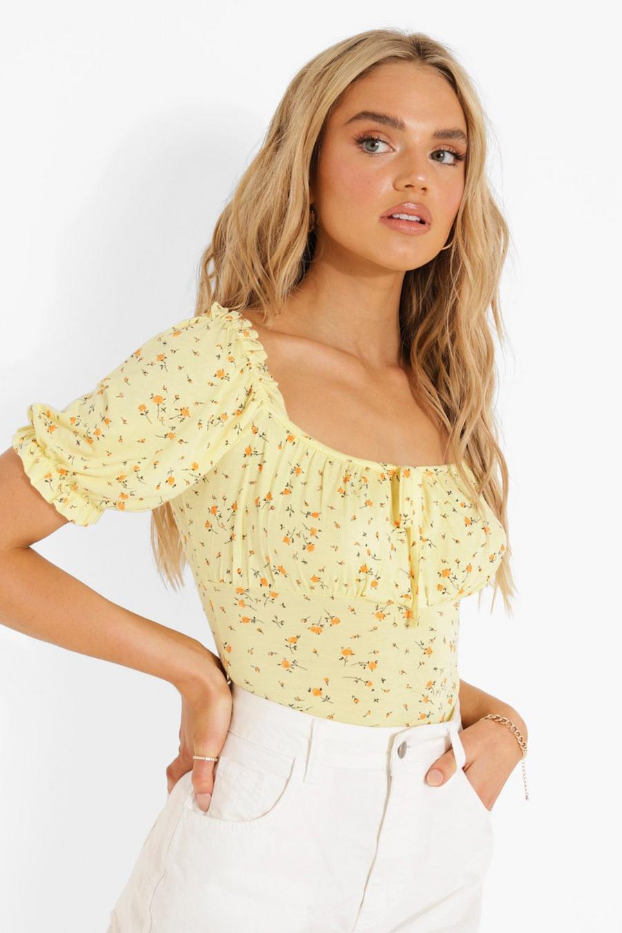Yellow Puff Sleeve Floral Top image number 1