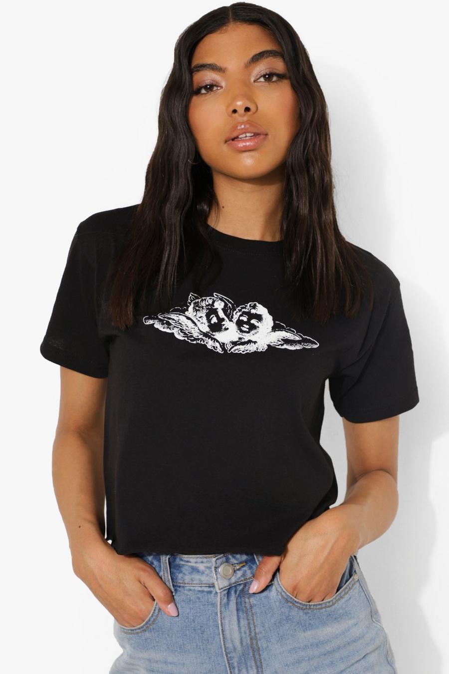 Black Tall Cherub Print Cropped T-shirt image number 1