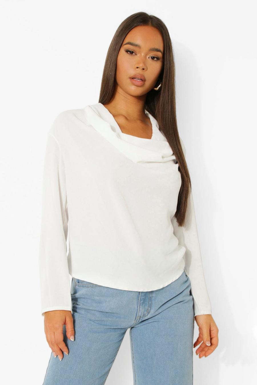White Extreme Cowl Neck Blouse image number 1