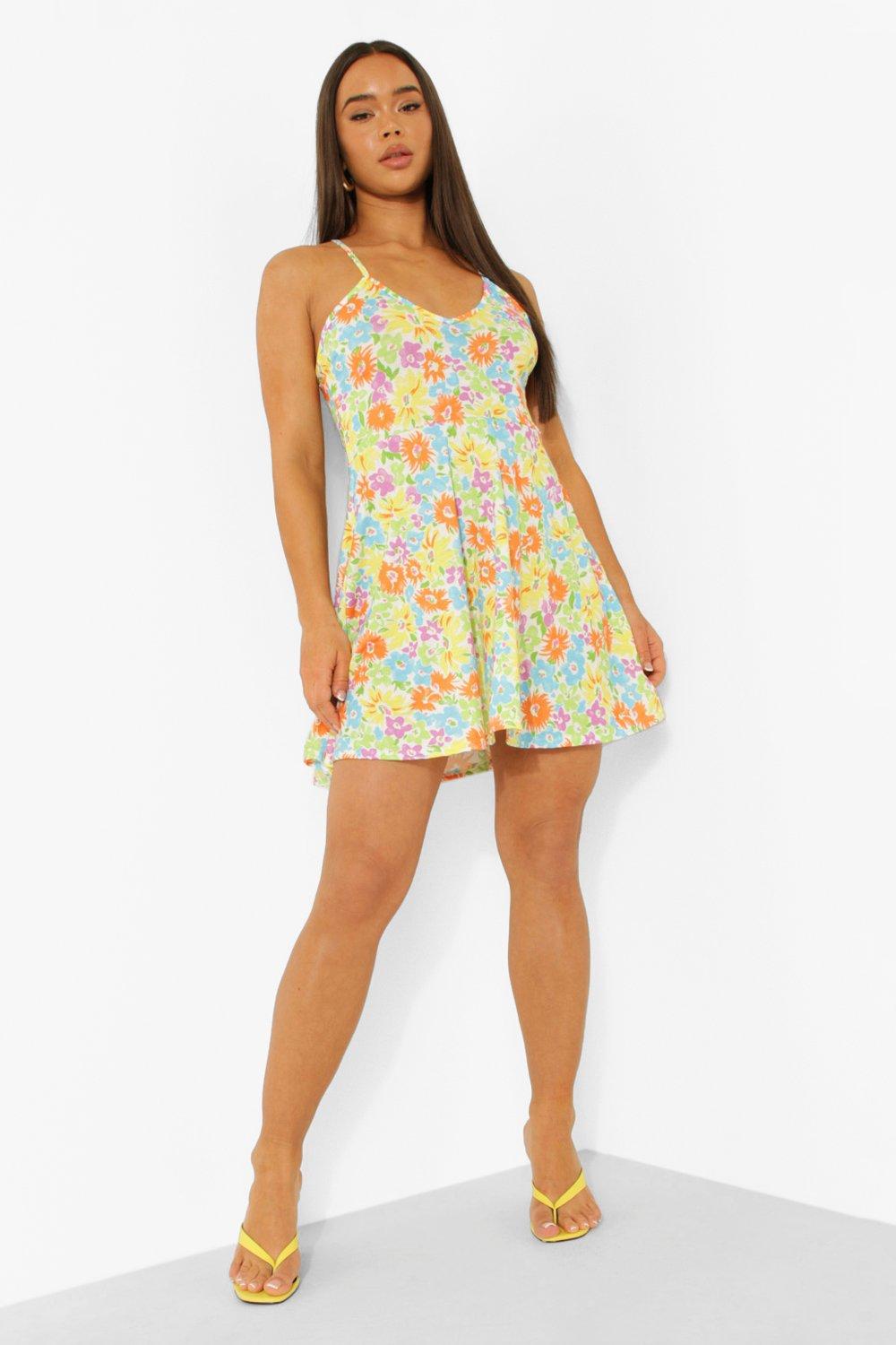 Neon Floral Halterneck Plunge Swing Dress boohoo NO