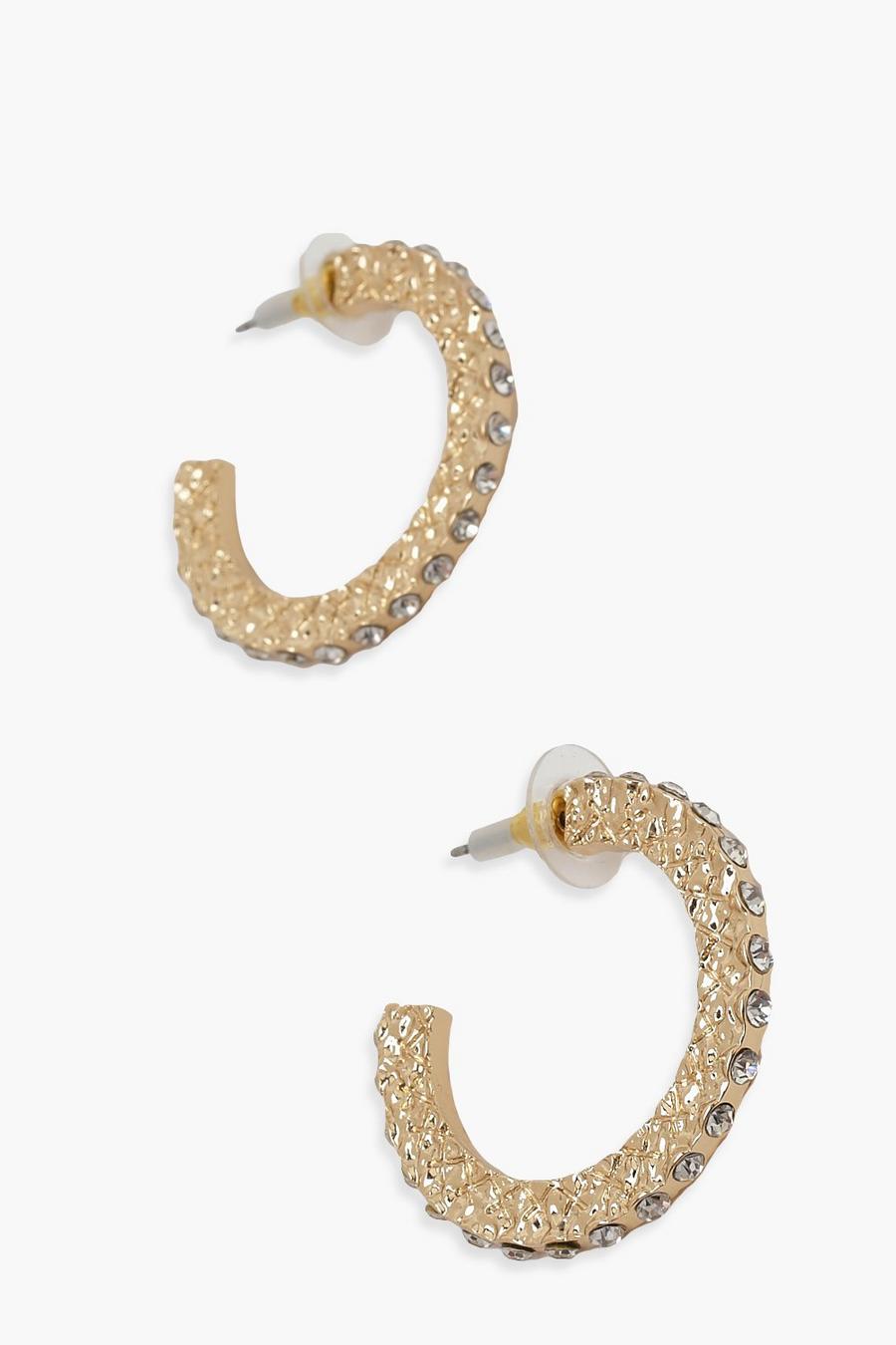 Gold Chunky Diamante Edge Hoop Earrings image number 1