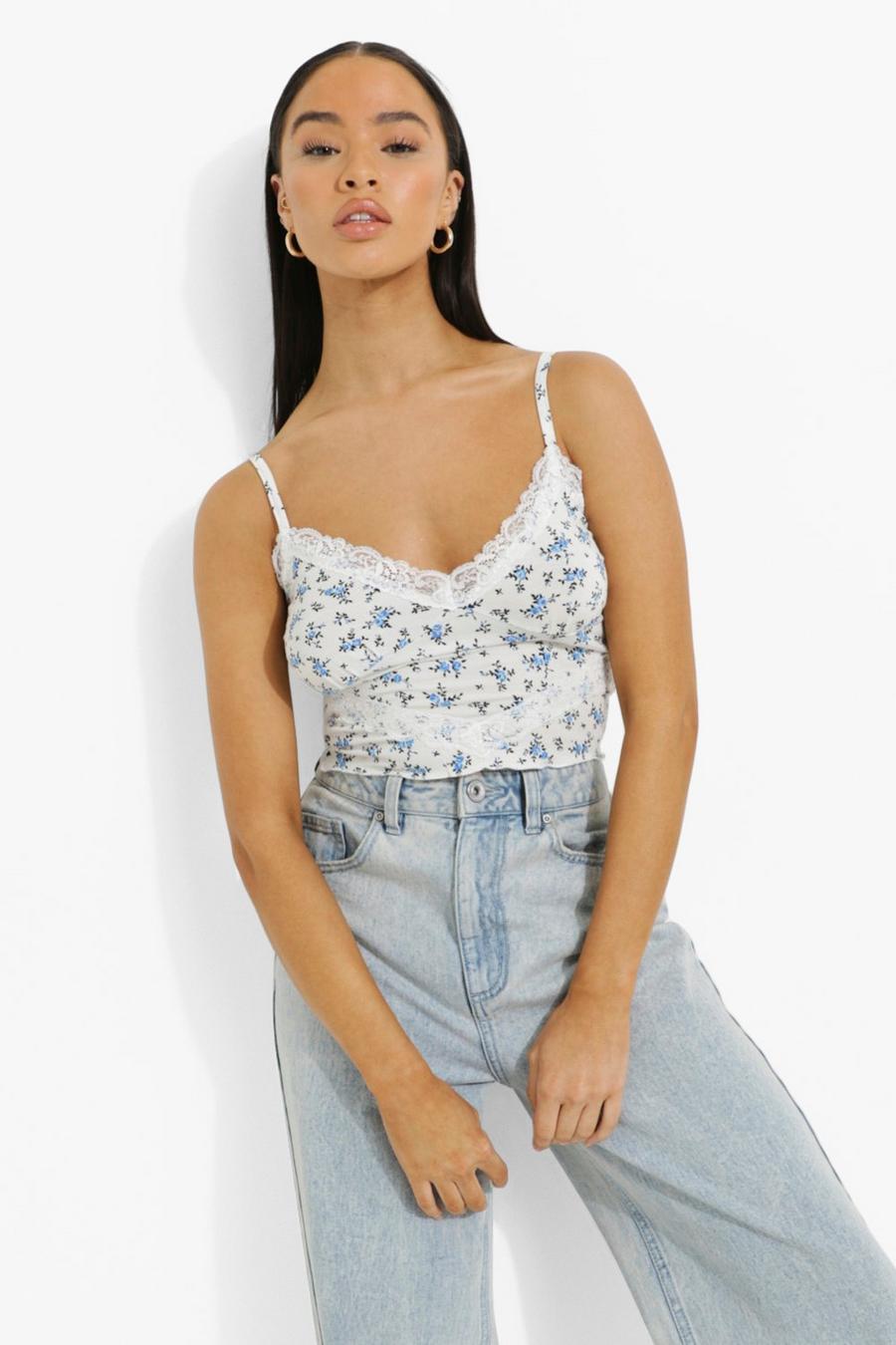 Baby blue Floral Lace Detail Rib Cami Top image number 1
