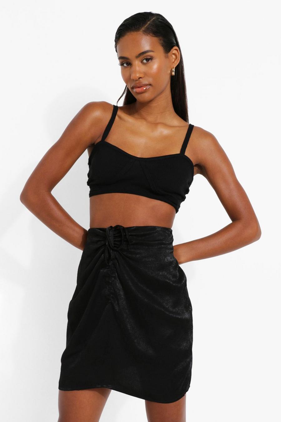 Black negro Drawstring Detail Satin Mini Skirt image number 1