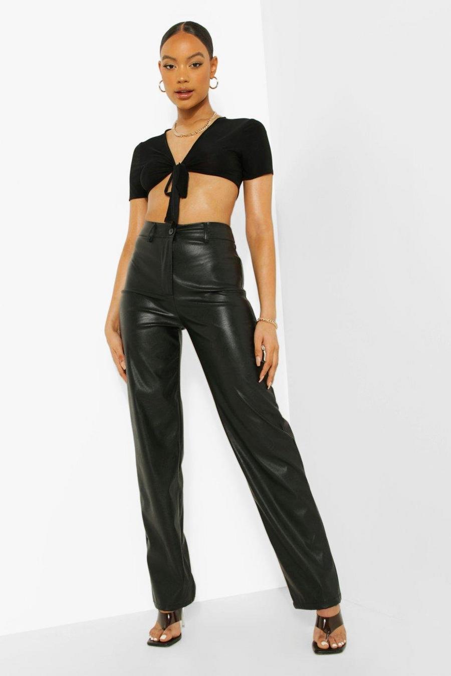 Black Wide Leg Leather Look Trousers image number 1