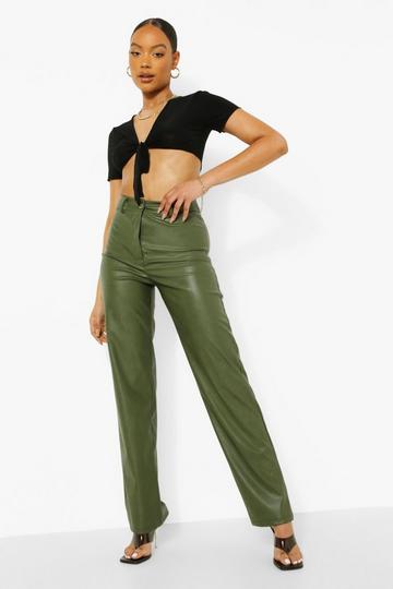 Wide Leg Leather Look Trousers khaki