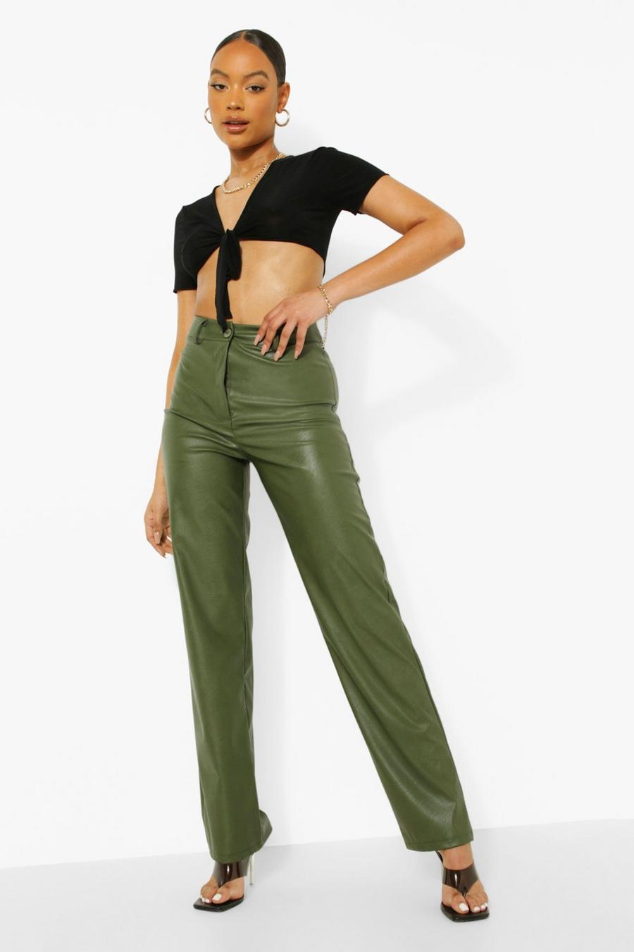 Khaki Wide Leg Leather Look Trousers image number 1