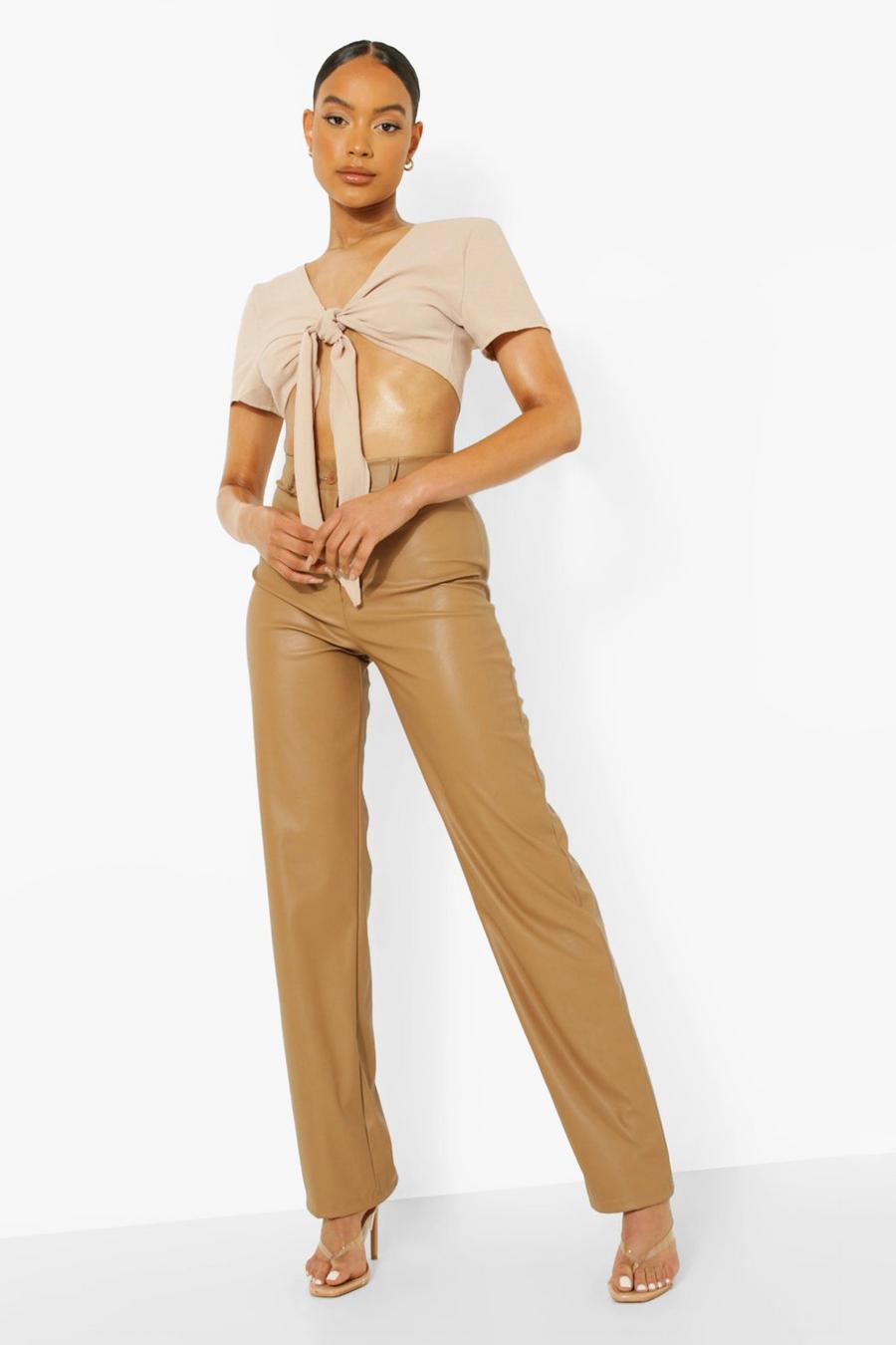 Tan Wide Leg Faux Leather Pants image number 1