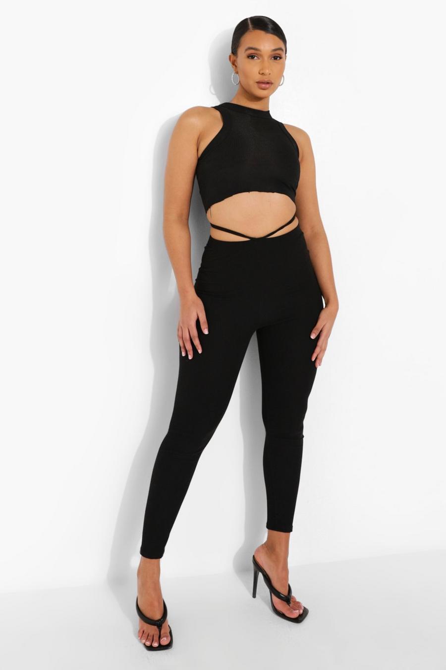 Black Strappy Cut Out Crinkle Leggings image number 1