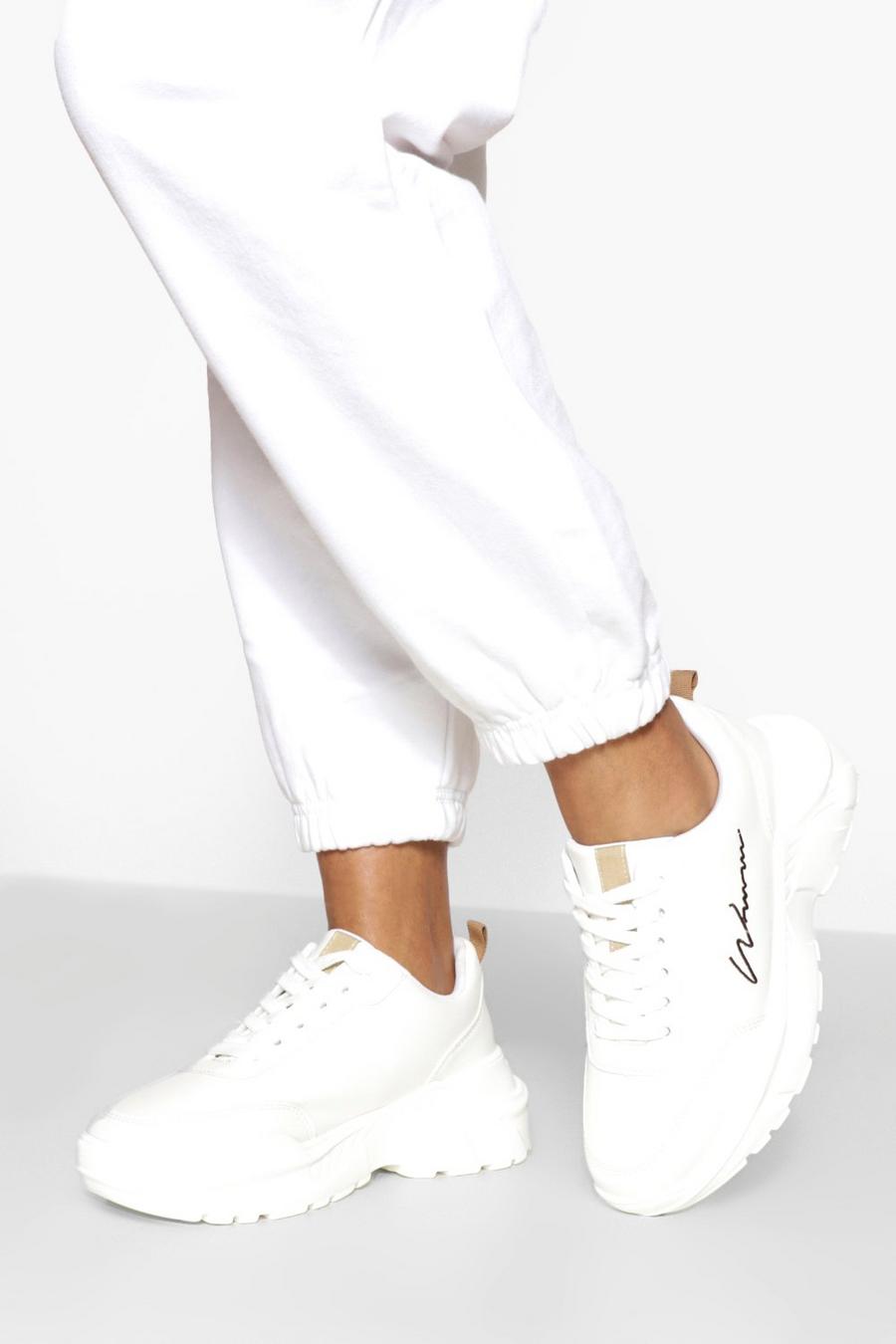 White Tonal Woman Script Chunky Sneakers image number 1