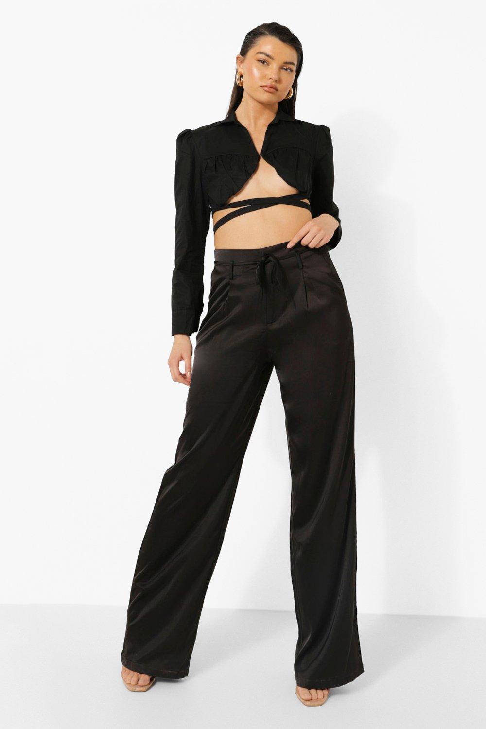 Black tie waist wide leg outlet trousers