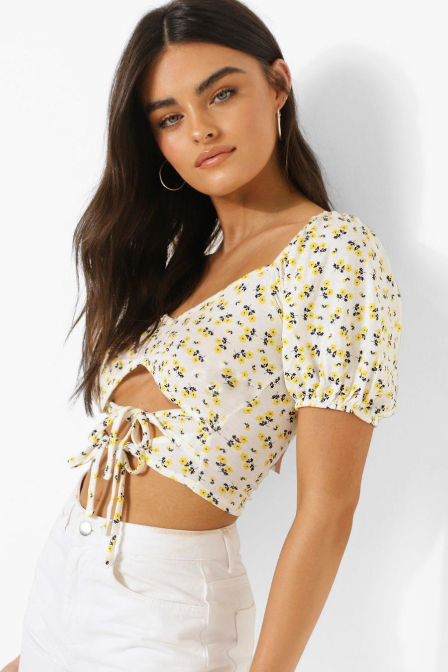 White Floral Puff Sleeve Tie Front Crop Top image number 1