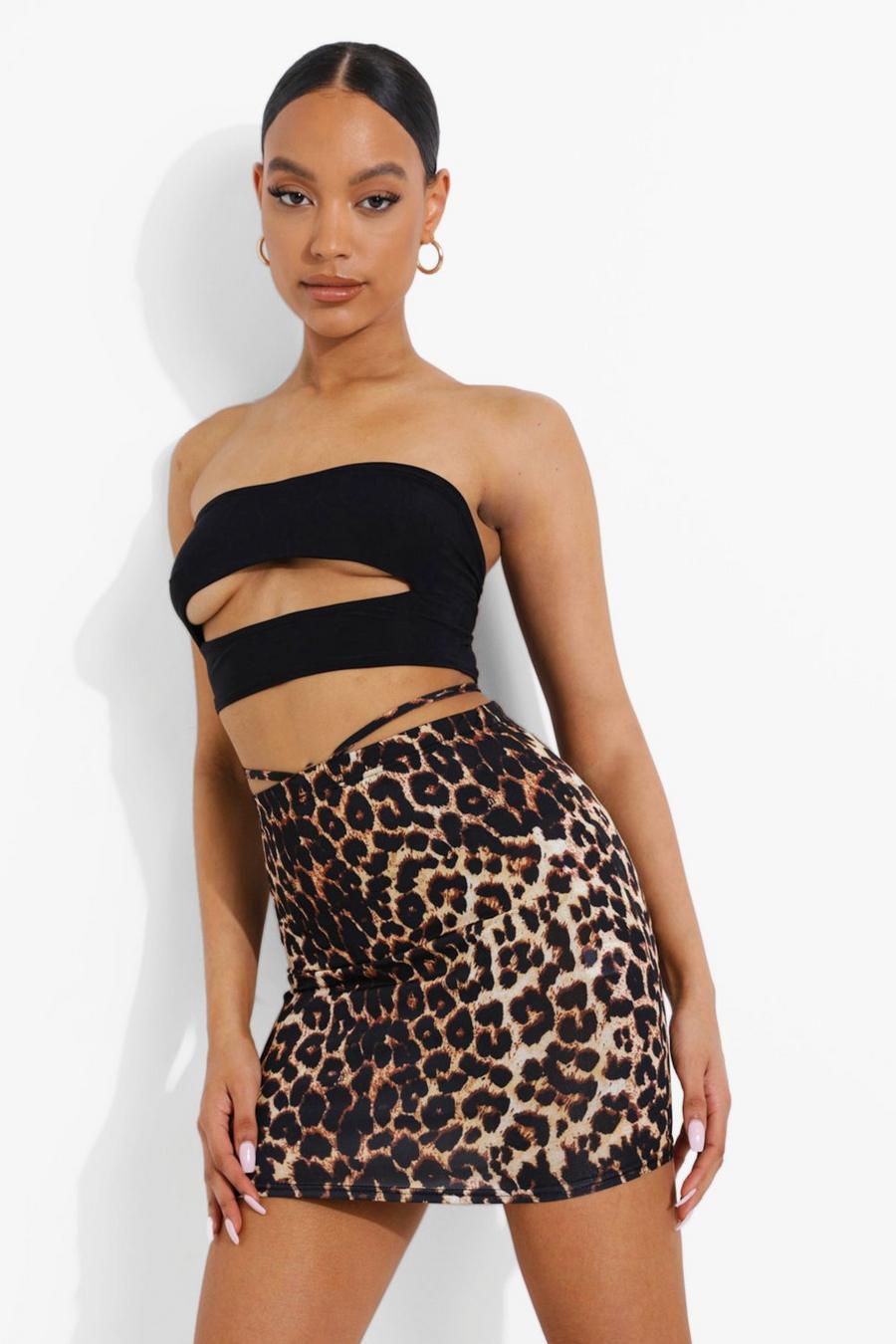 V Detail Leopard Textured Slinky Mini Skirt image number 1