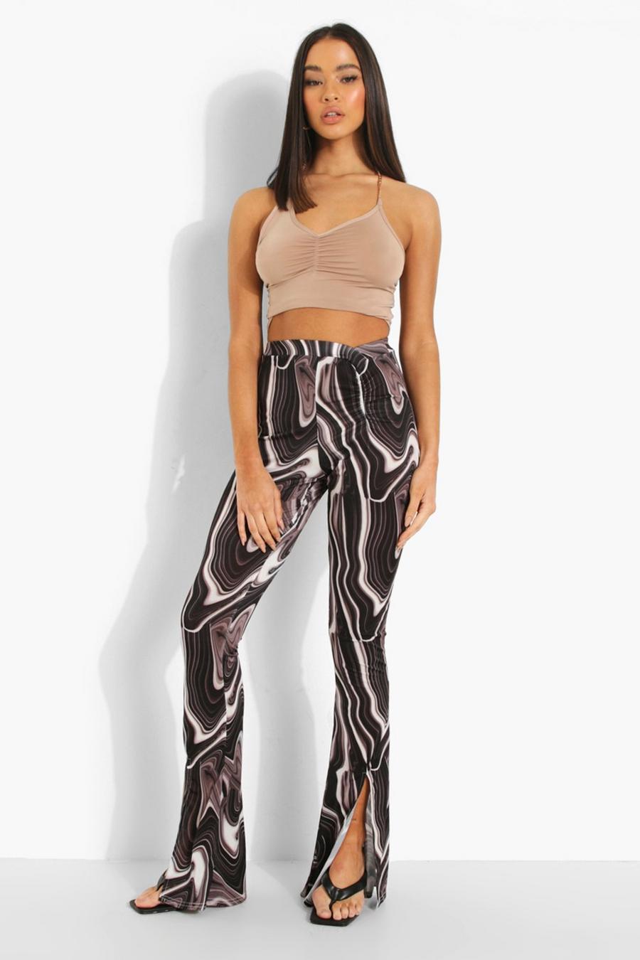 Black Dipped Ruched Waist Marble Flares image number 1
