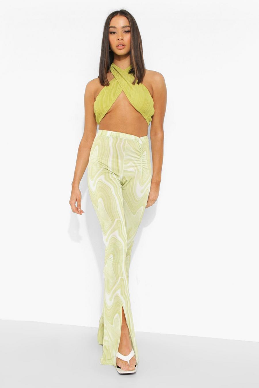 Light green Dipped Ruched Waist Marble Flares image number 1
