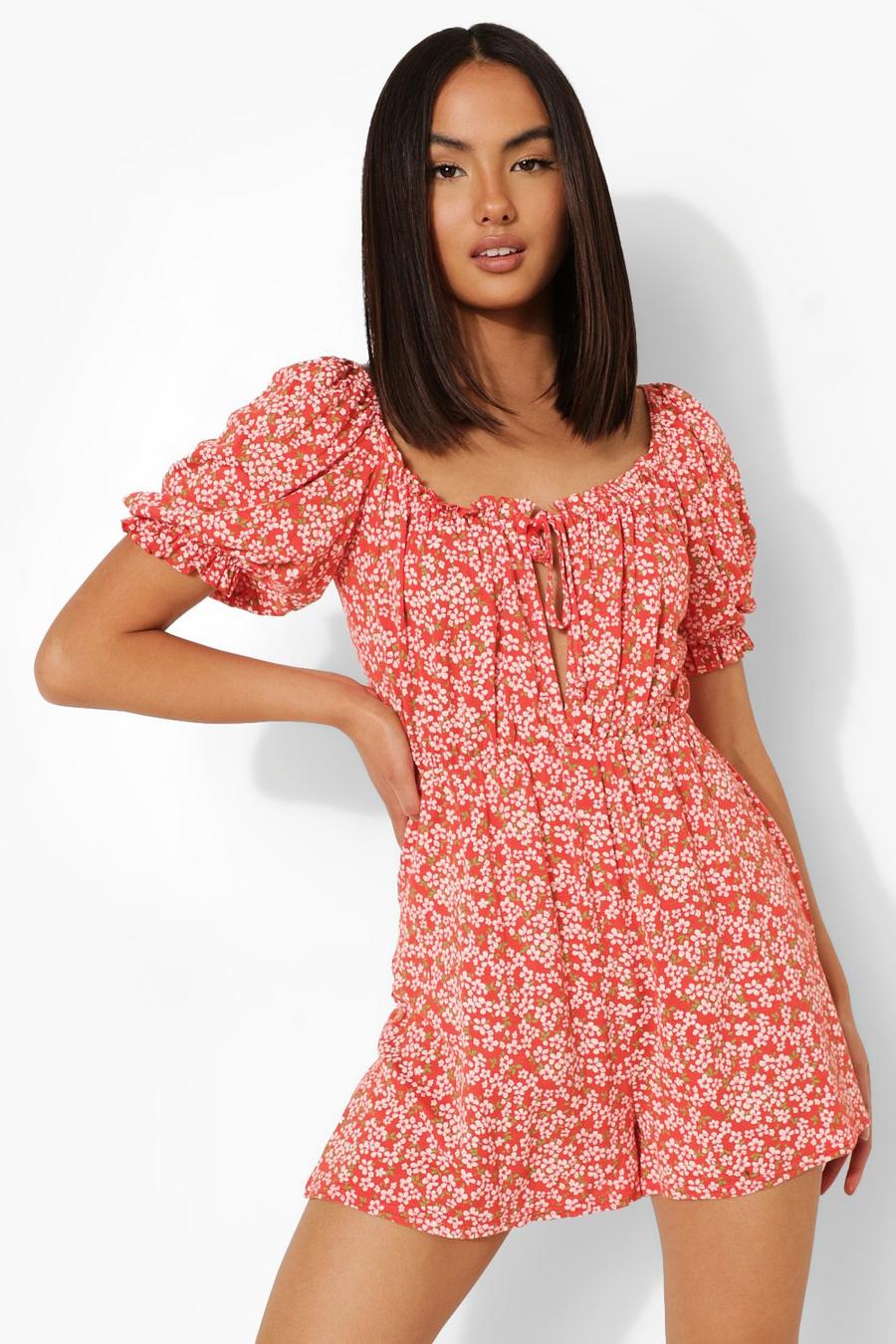 Red Floral Rouched Bust Romper image number 1