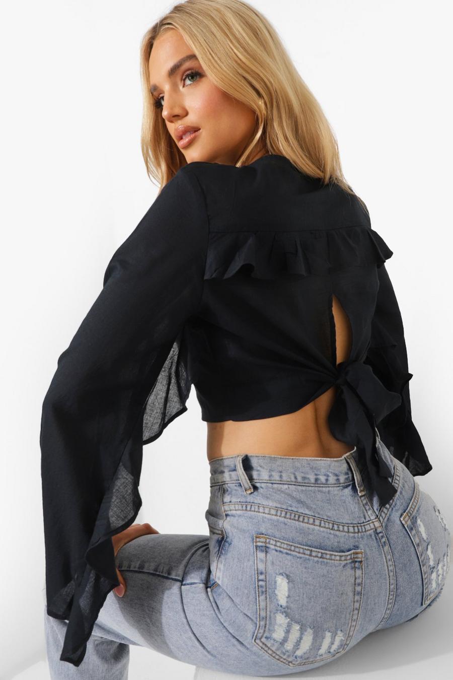 Black Ruffle Tie Back Blouse image number 1