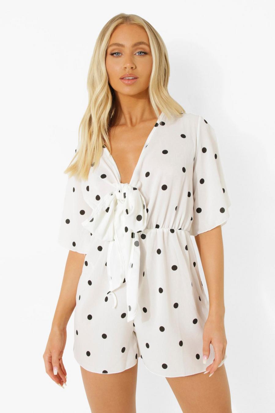 White Polka Tie Front Flippy Playsuit image number 1