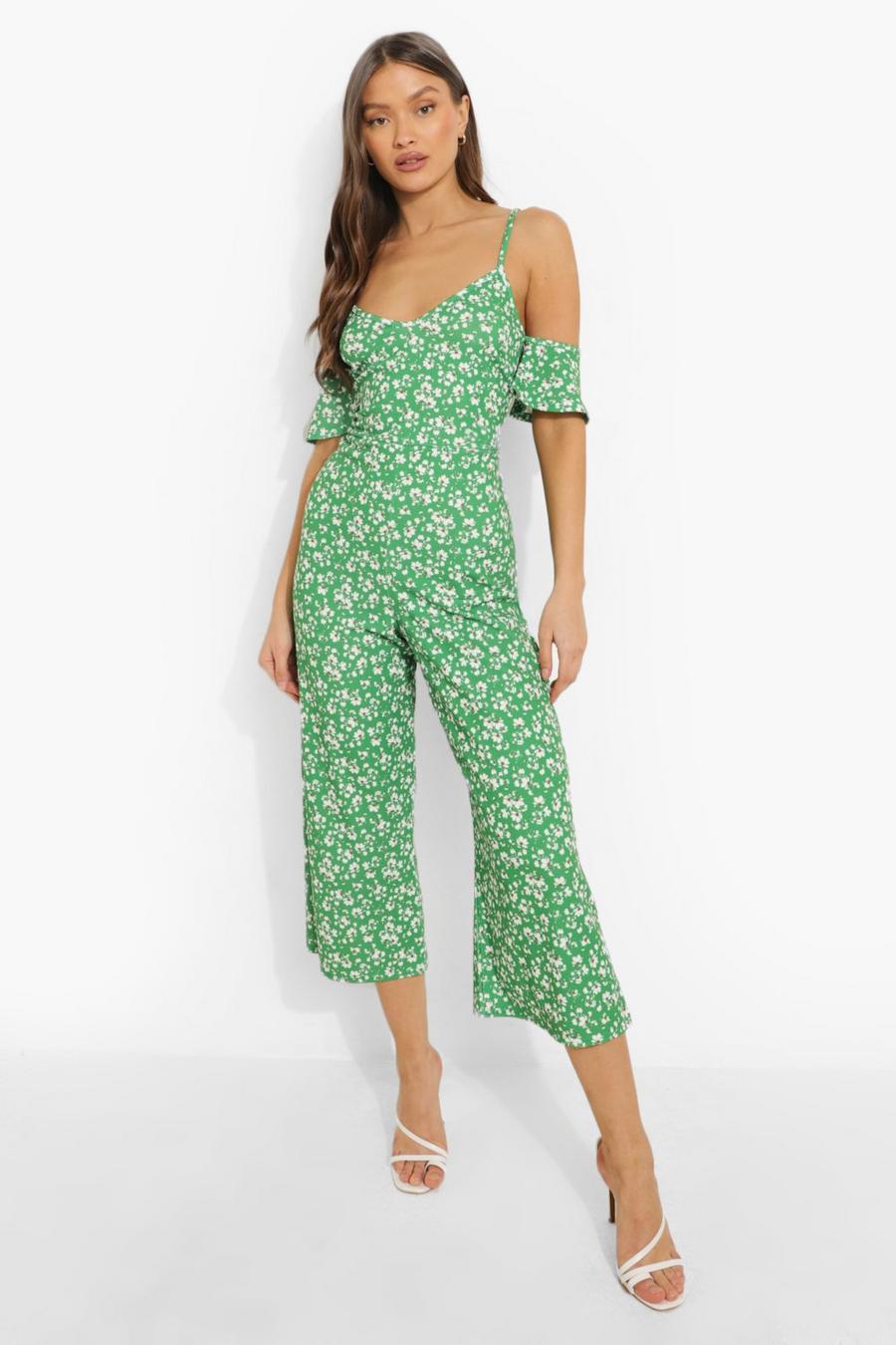 Combinaison jupe-culotte à épaules ajourées imprimé fleurs, Green image number 1