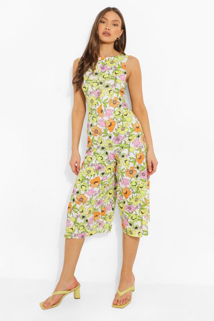 Culottes-Jumpsuit mit Blumenmuster und tiefem Rückenausschnitt, Weiß image number 1