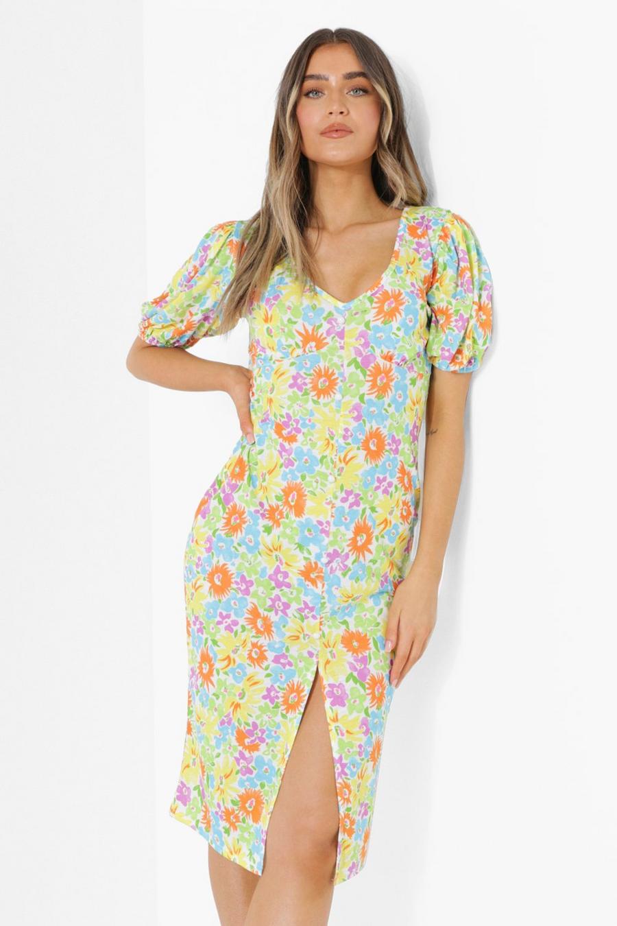 White Neon Floral Button Down Midi Dress image number 1