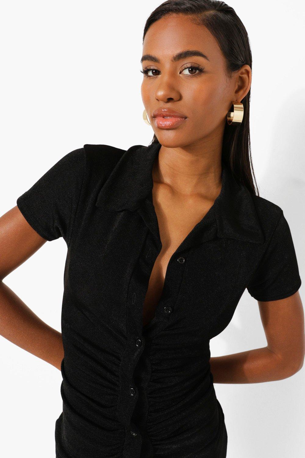 Women's Ruched Button Up Short Sleeve ...