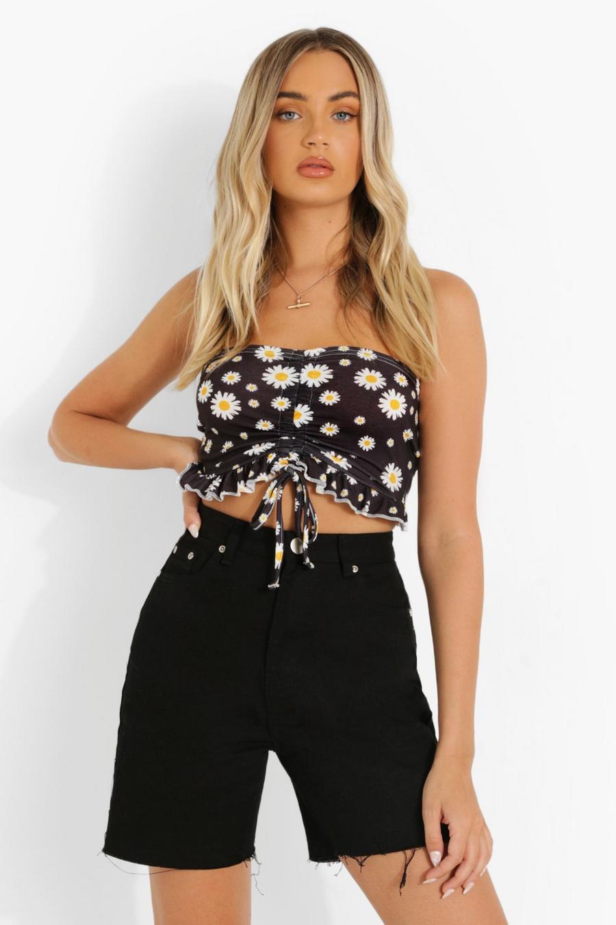 White Printed Bandeau Ruffle Crop Top image number 1