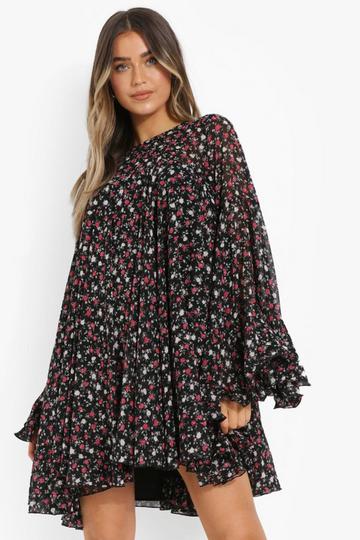 Black Floral Print Pleated Detail Smock Dress