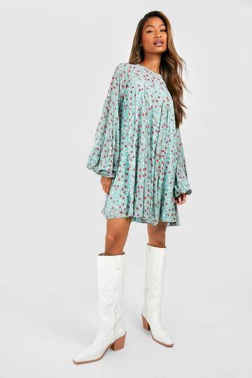 Blue Floral Print Pleated Detail Smock Dress