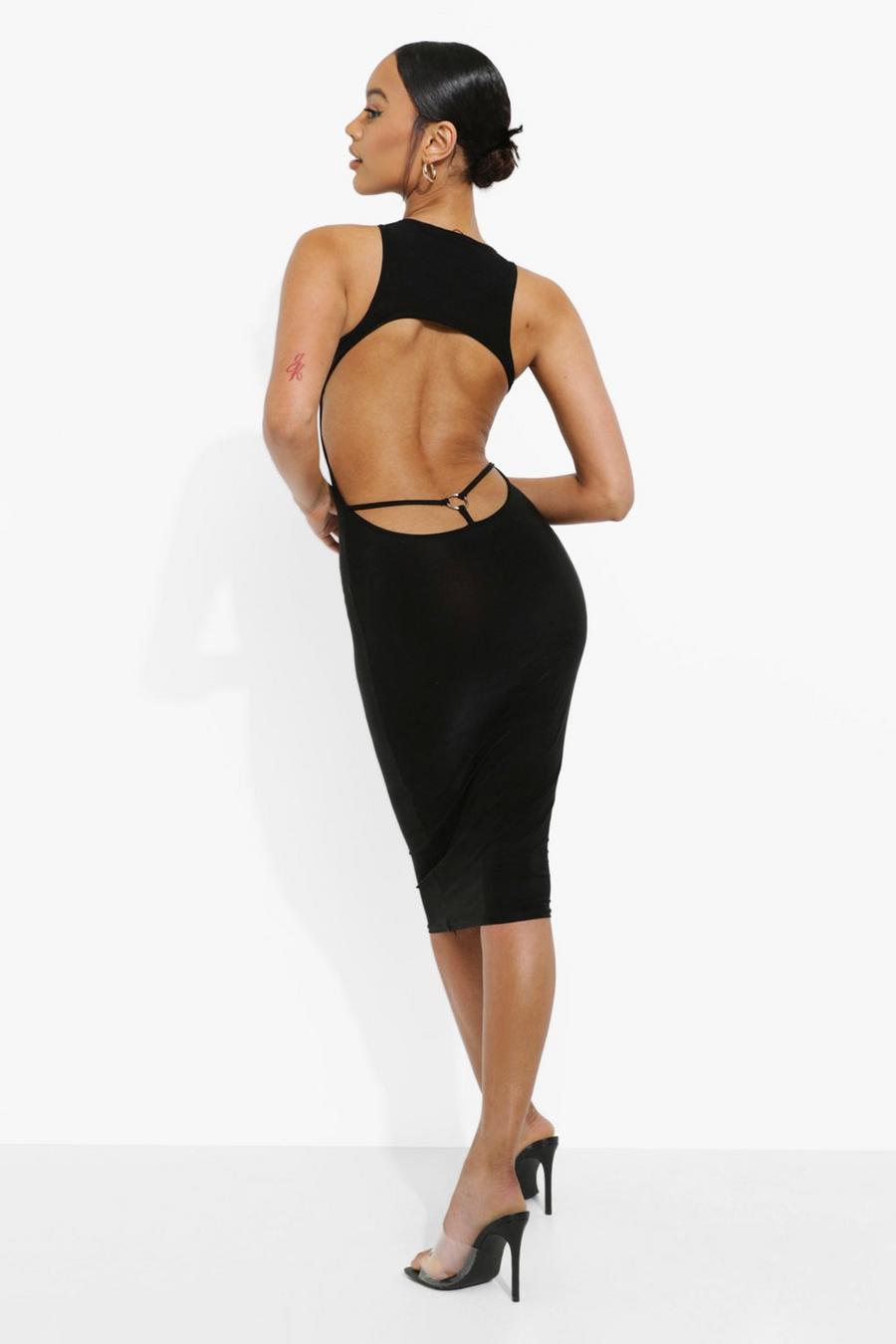 Black Backless Thong Detail Midi Bodycon image number 1