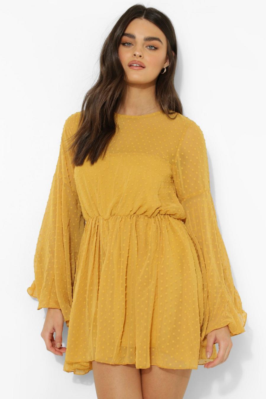 Chartreuse yellow Dobby Long Sleeve Swing Romper
