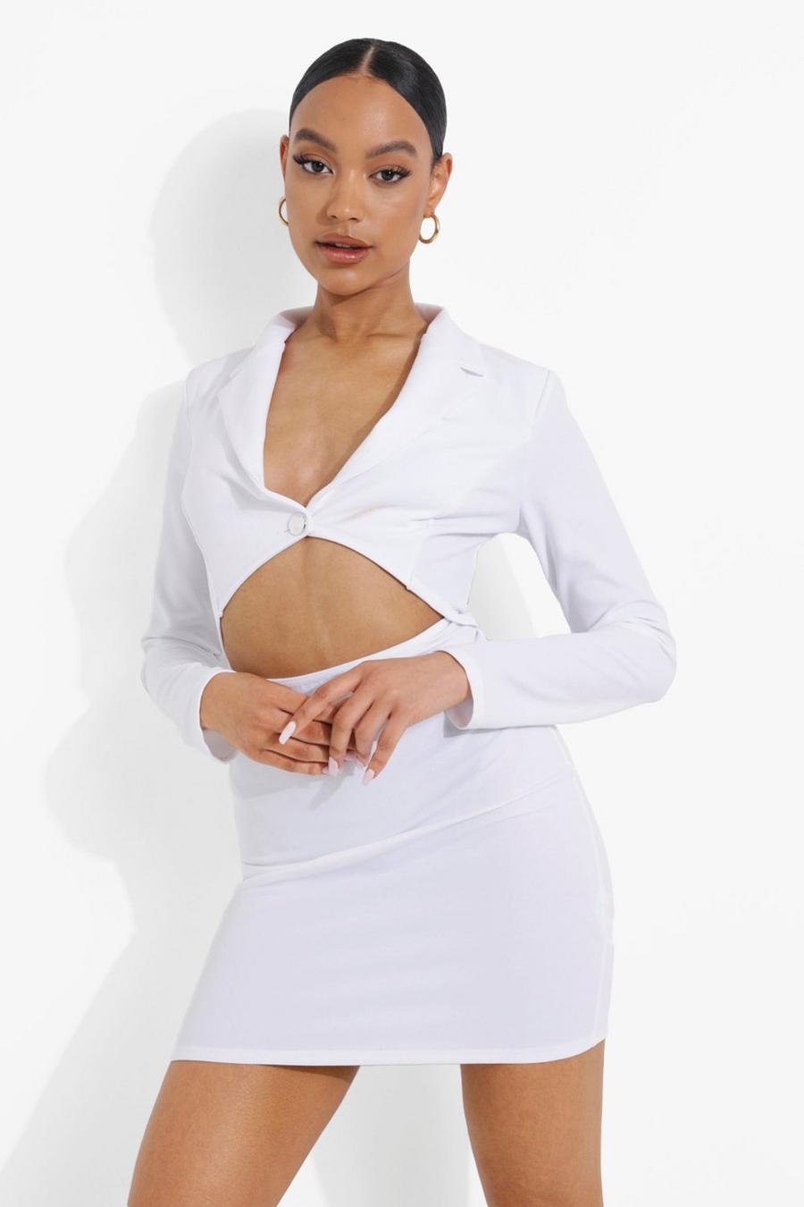 White Cut Out Long Sleeve Blazer Dress image number 1