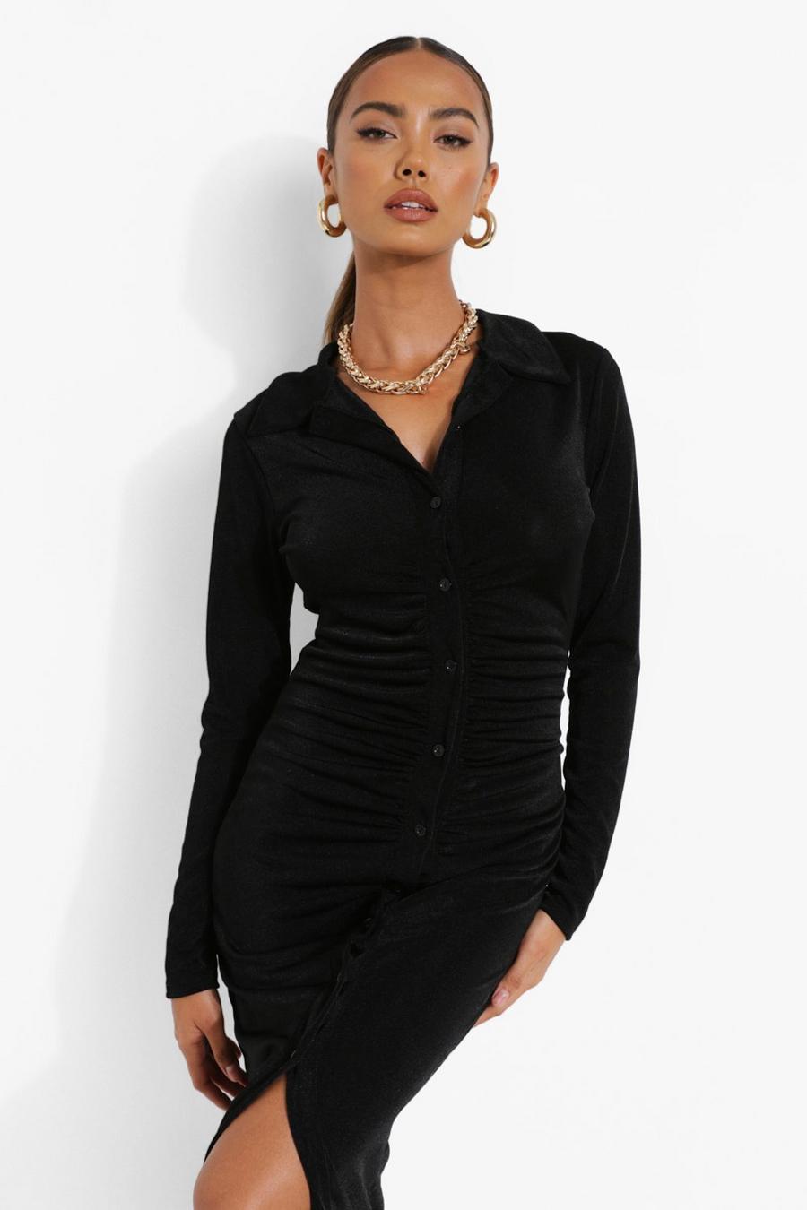 Black Neon Textured Slinky Ruched Midi Shirt Dress image number 1