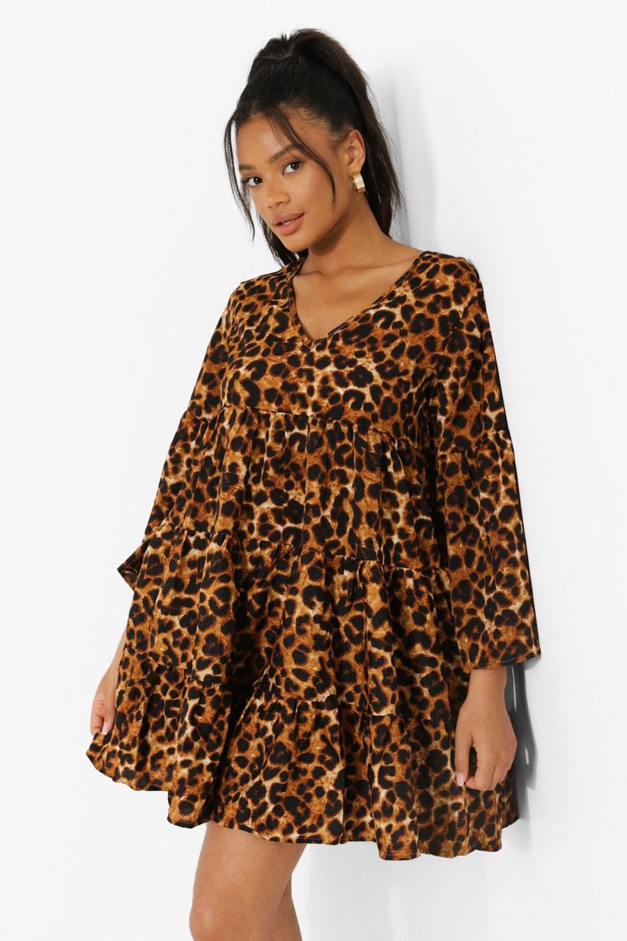 Women's Leopard Print V Neck Smock Dress | Boohoo UK