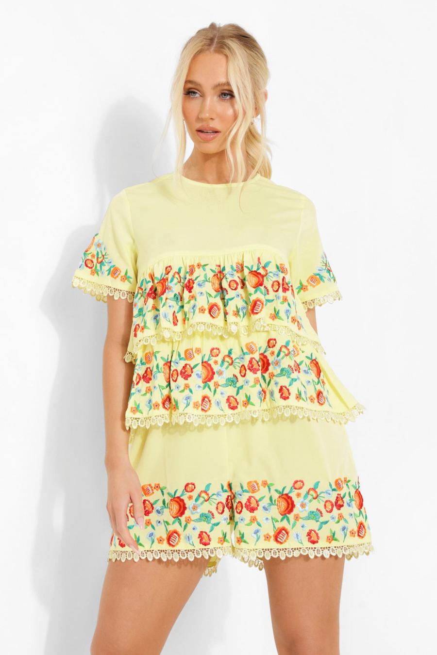 Yellow Embroidered Tiered Smock Playsuit image number 1