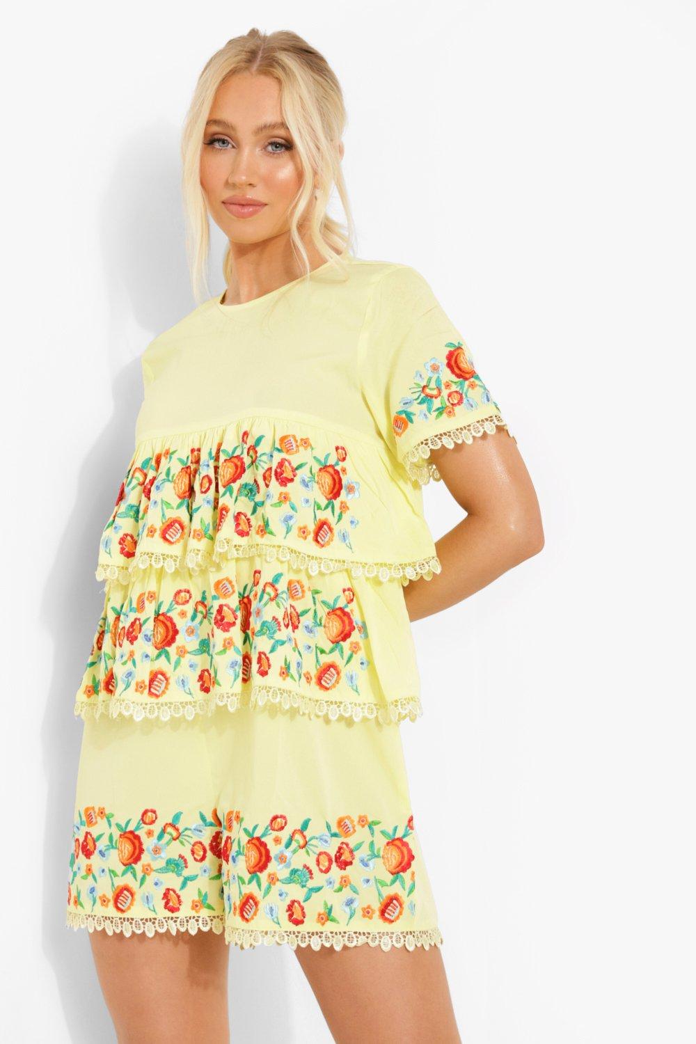 Embroidered Tiered Smock Playsuit boohoo IE