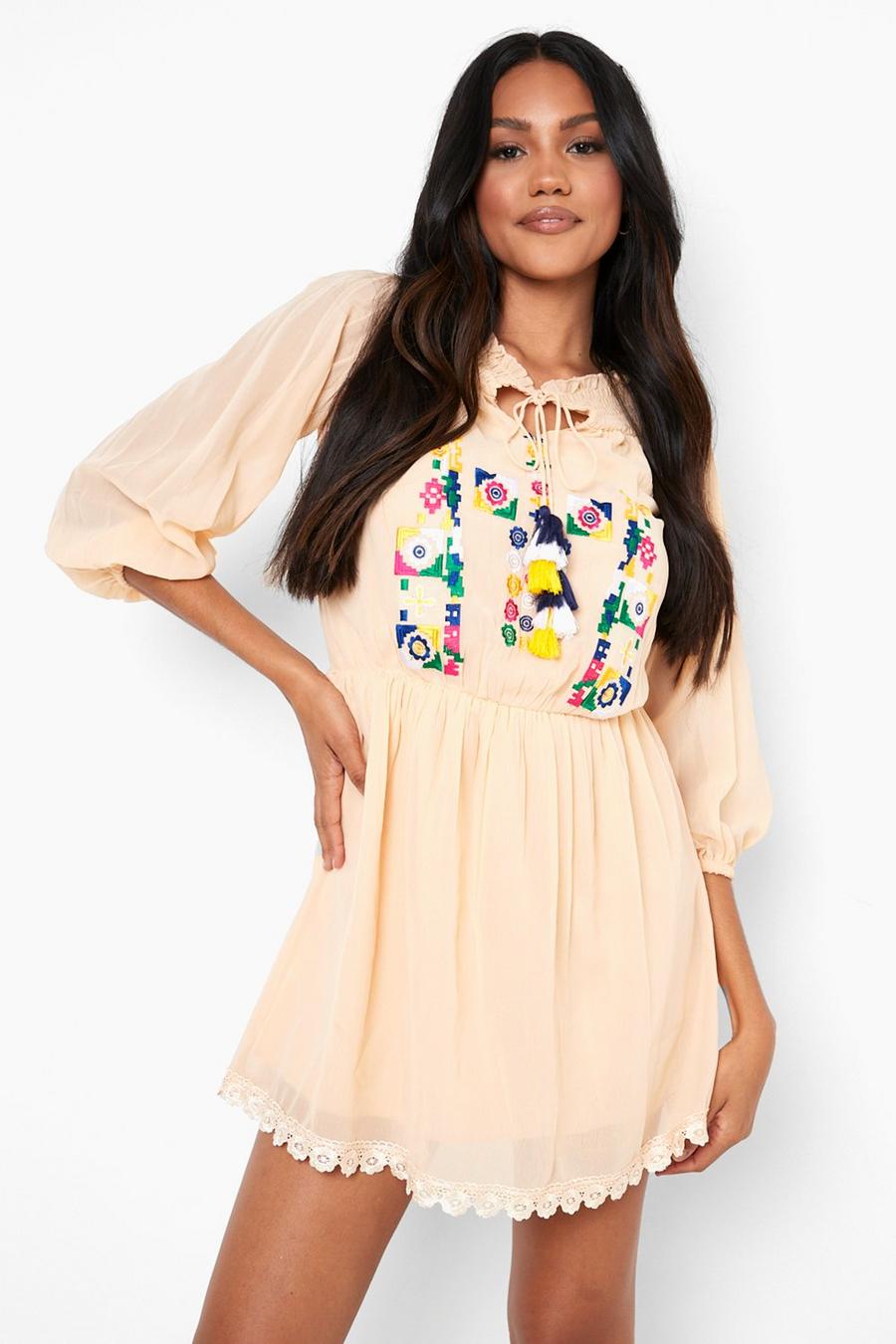 Stone Embroidered Tie Front Off The Shoulder Mini Dress image number 1