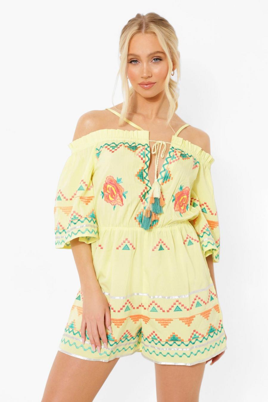 Yellow Embroidered Tie Front Flippy Playsuit image number 1