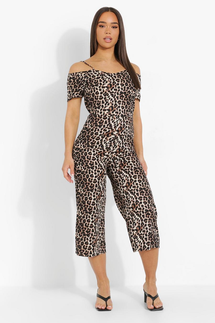 Combinaison jupe-culotte léopard à épaules ajourées, Brown image number 1