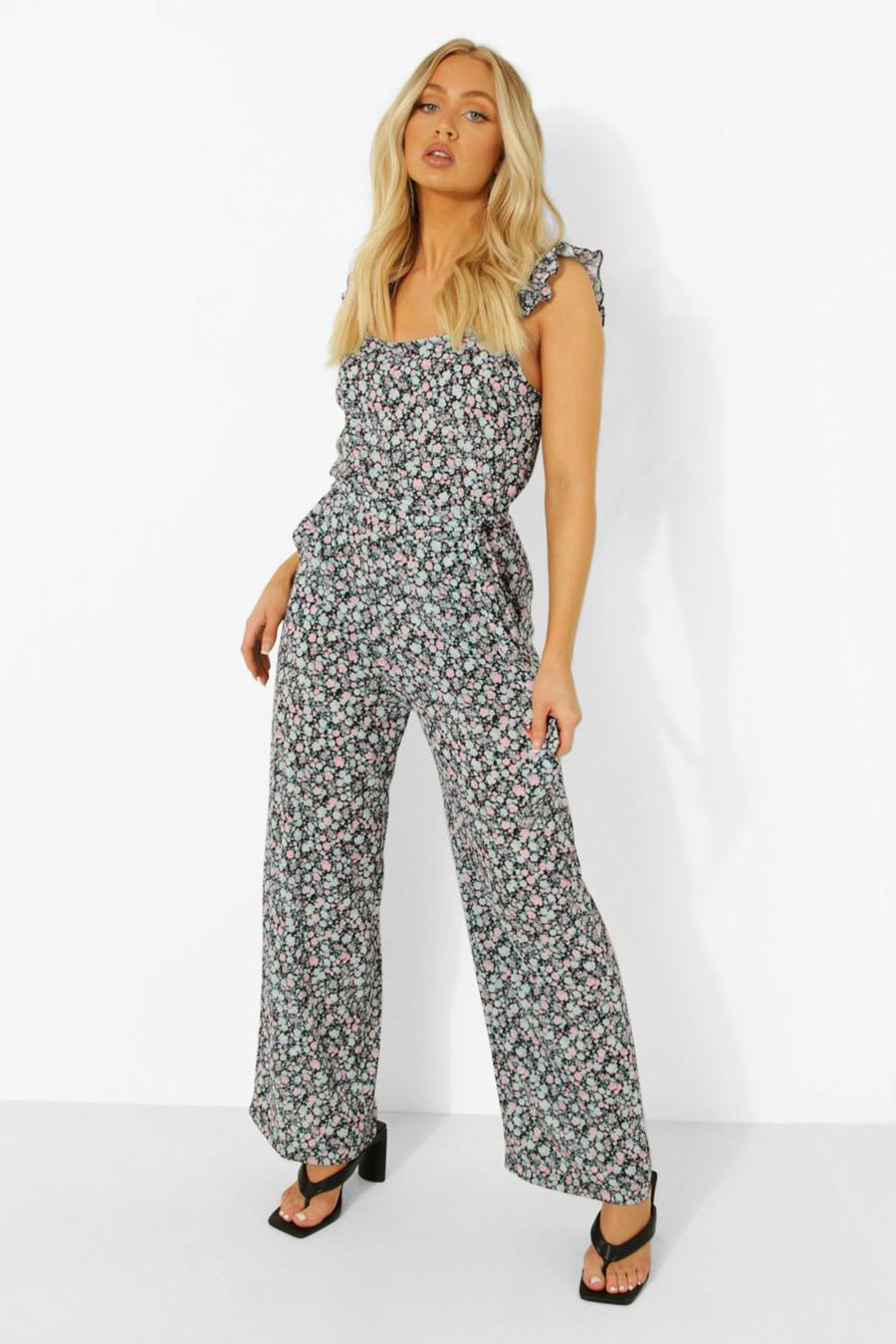 Blue Ditsy Floral Ruffle Strap Belted Jumpsuit image number 1