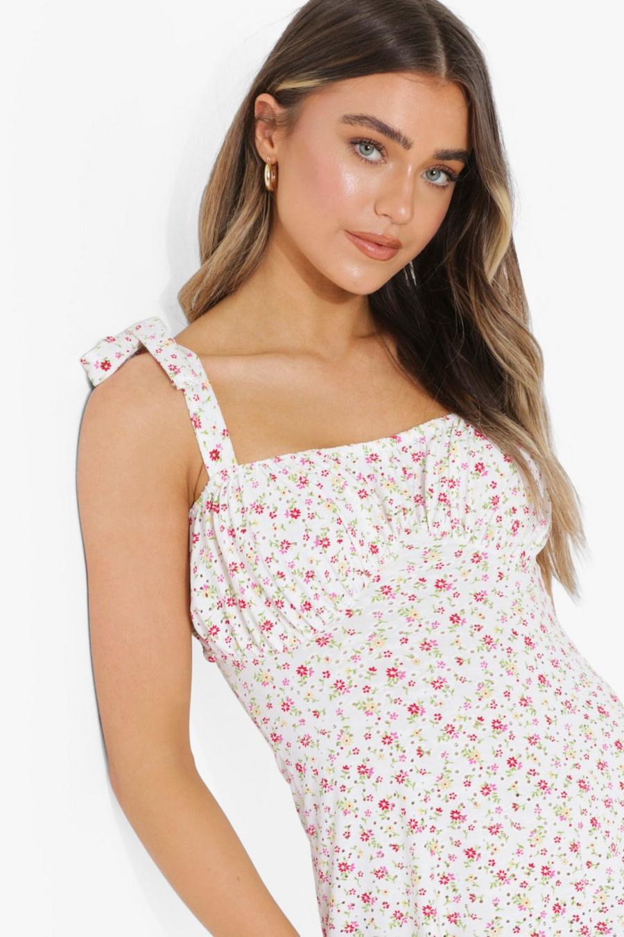 White Floral Print Broderie Tie Strap Midi Dress image number 1