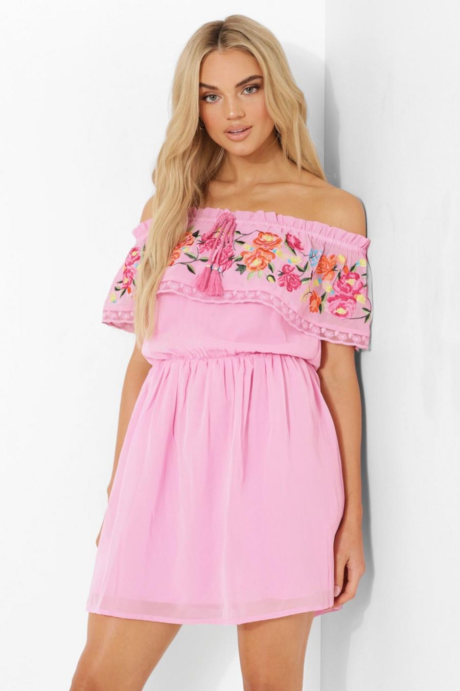 Besticktes Bardot-Kleid mit Fransen, Pink
