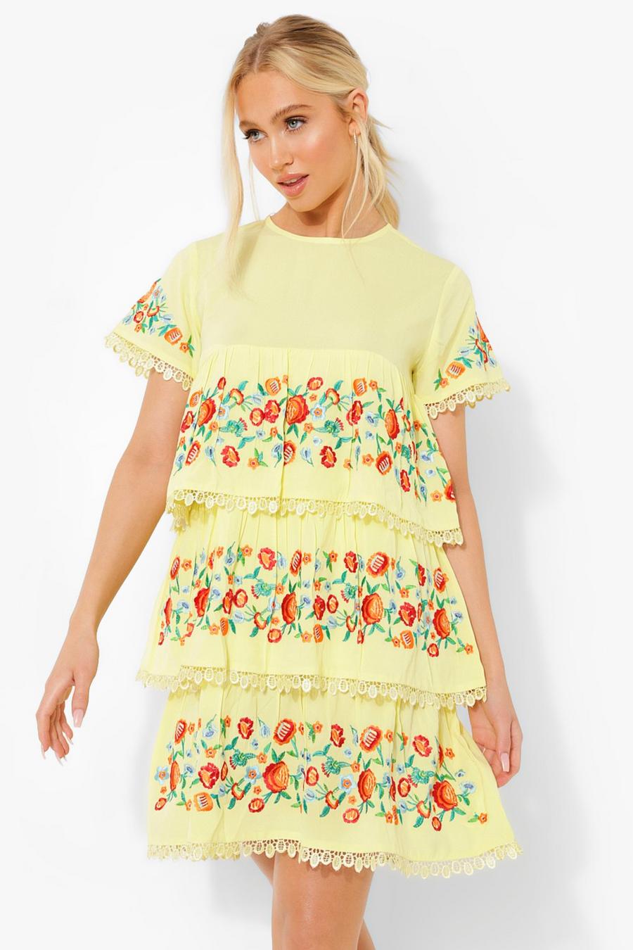 Yellow Embroidered Tiered Smock Dress image number 1