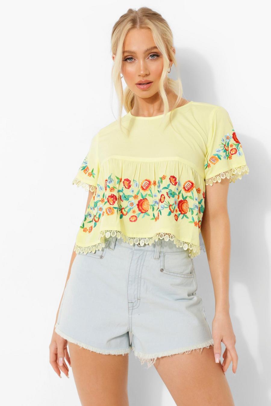 Yellow Embroidered Tiered Top image number 1