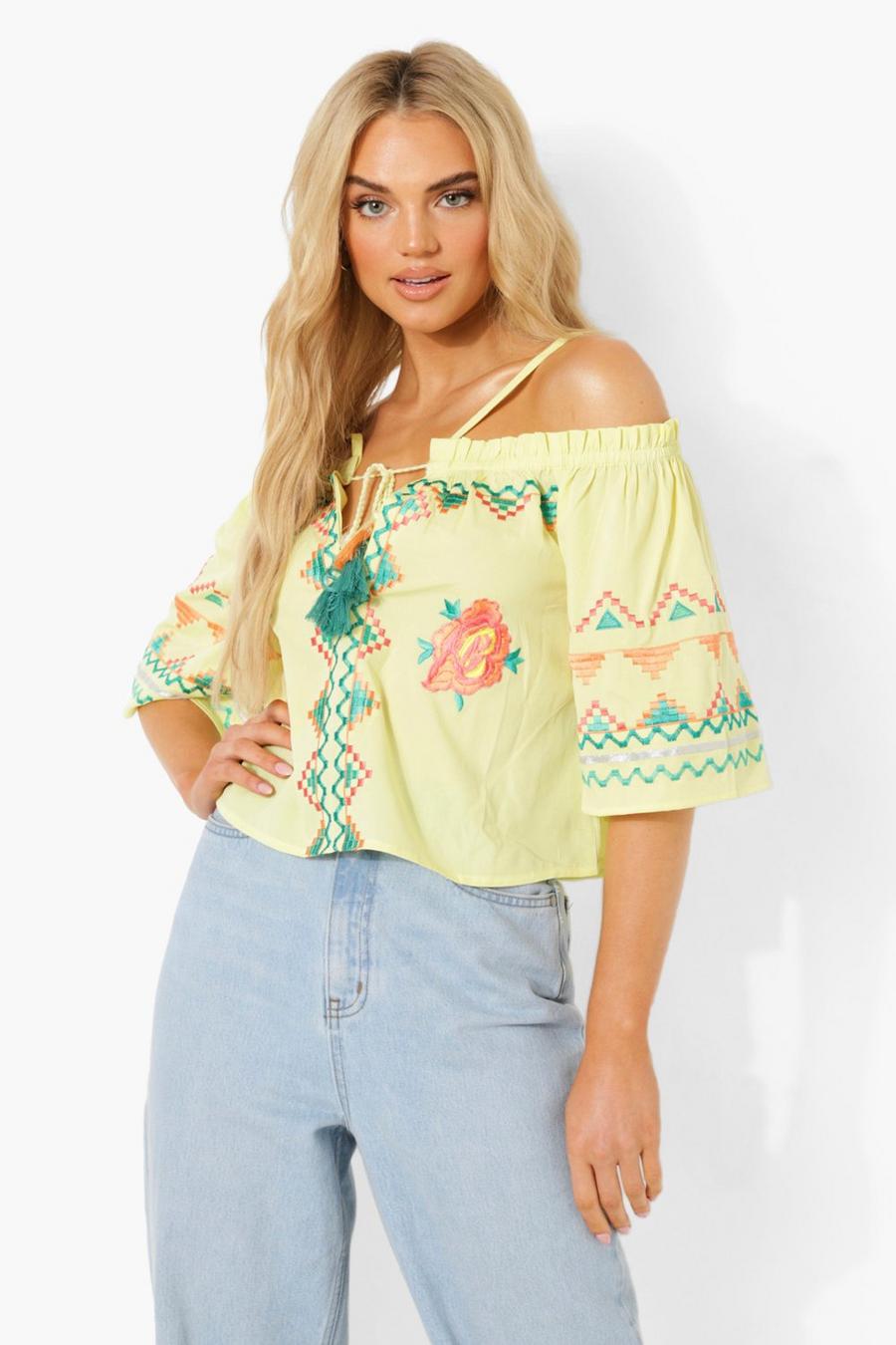 Yellow Embroidered Tie Front Blouse image number 1