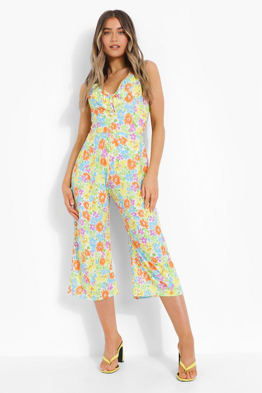White Neon Floral Cross Back Culotte Jumpsuit image number 1