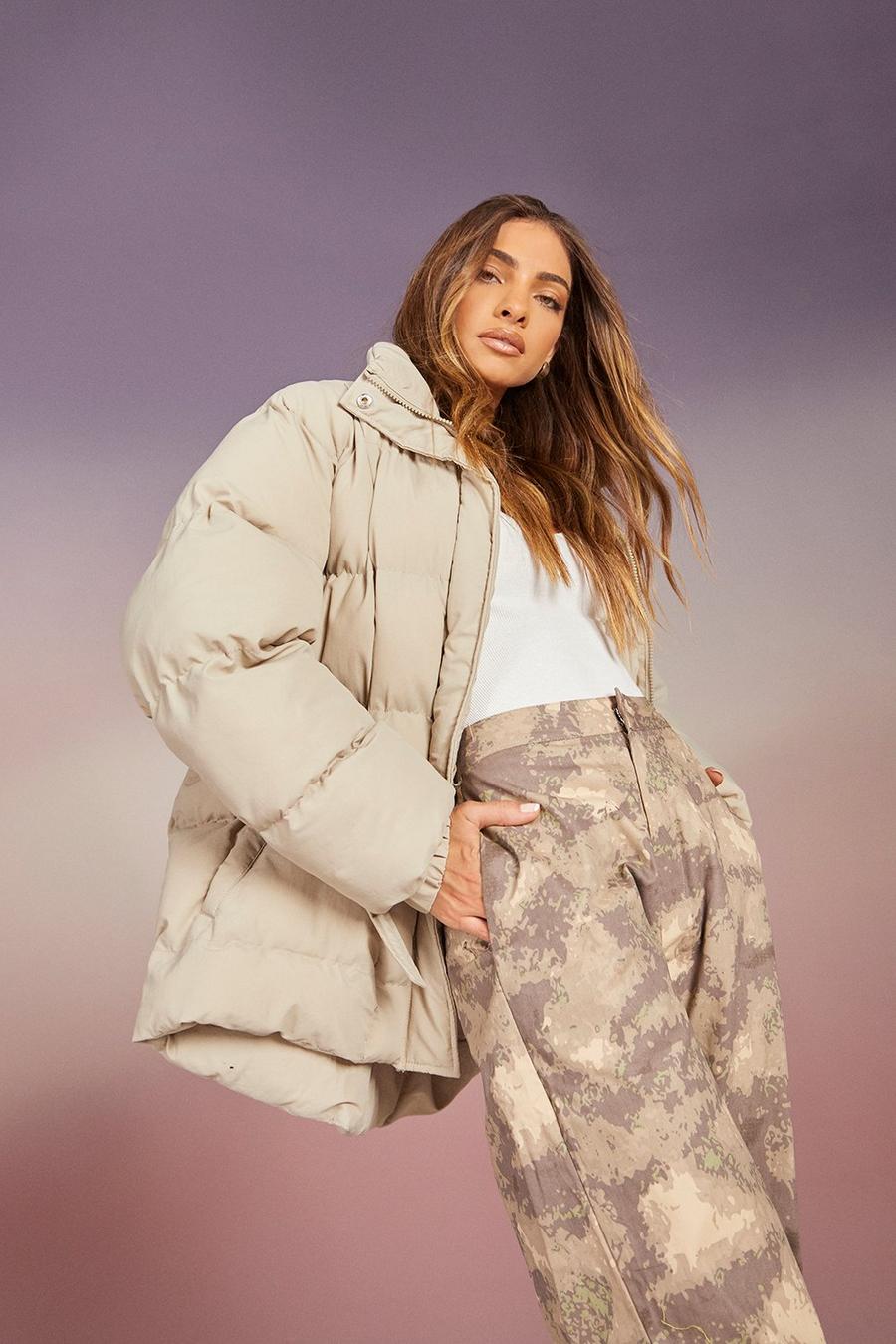 Taupe Belt Detail Puffer Jacket image number 1