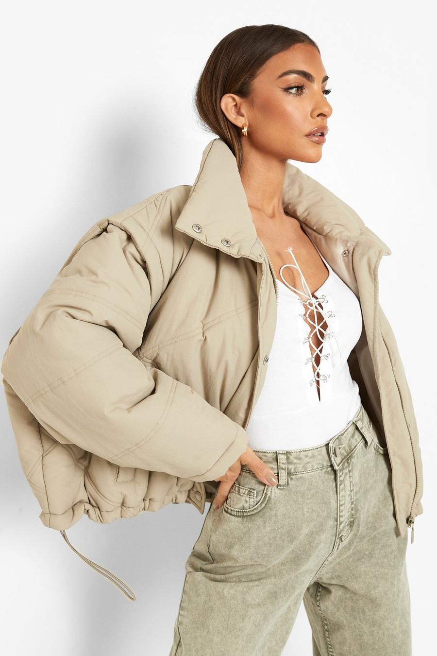 Taupe Detachable Sleeve Crop Puffer image number 1