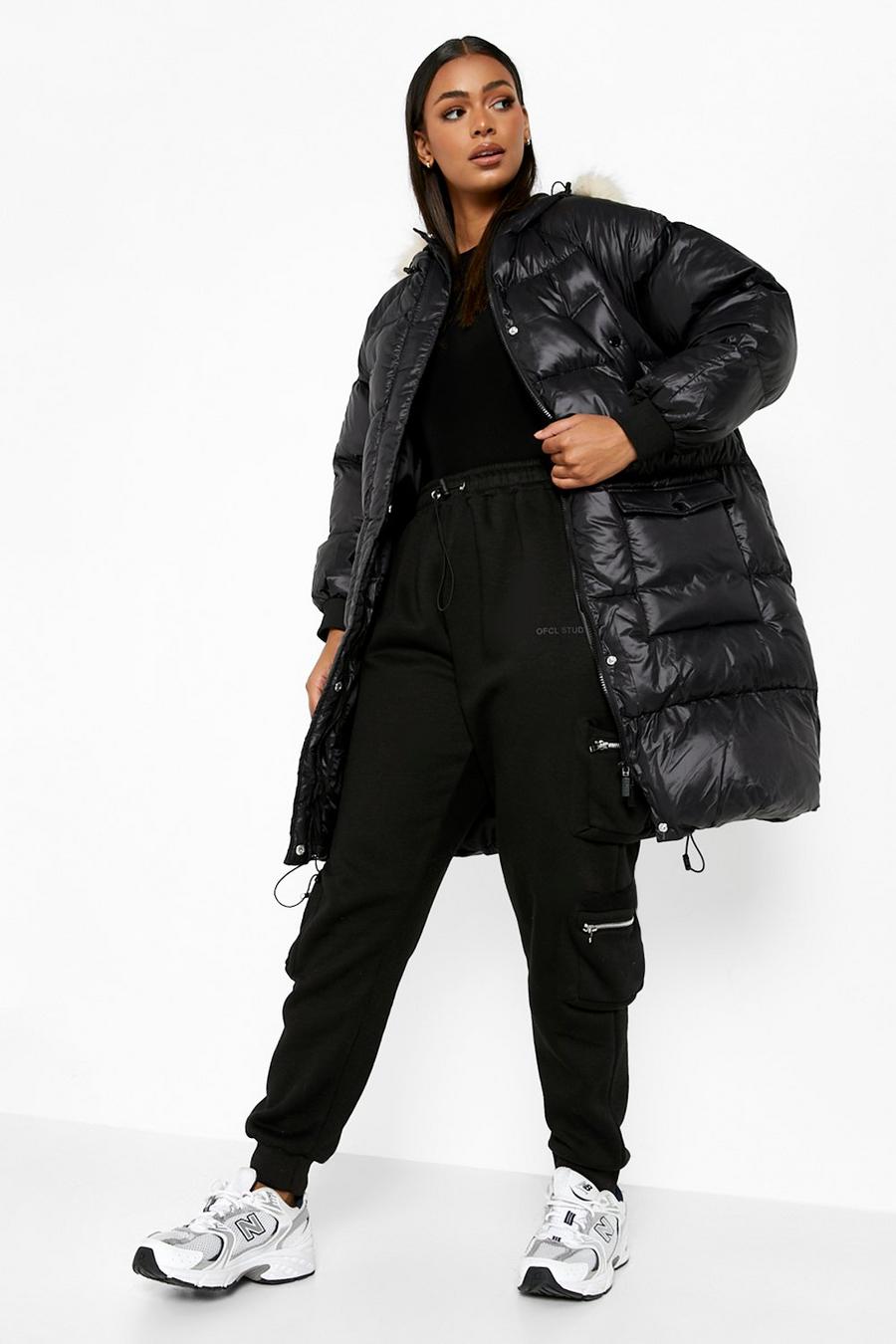 Black nero Faux Fur Trim Longline Parka Coat