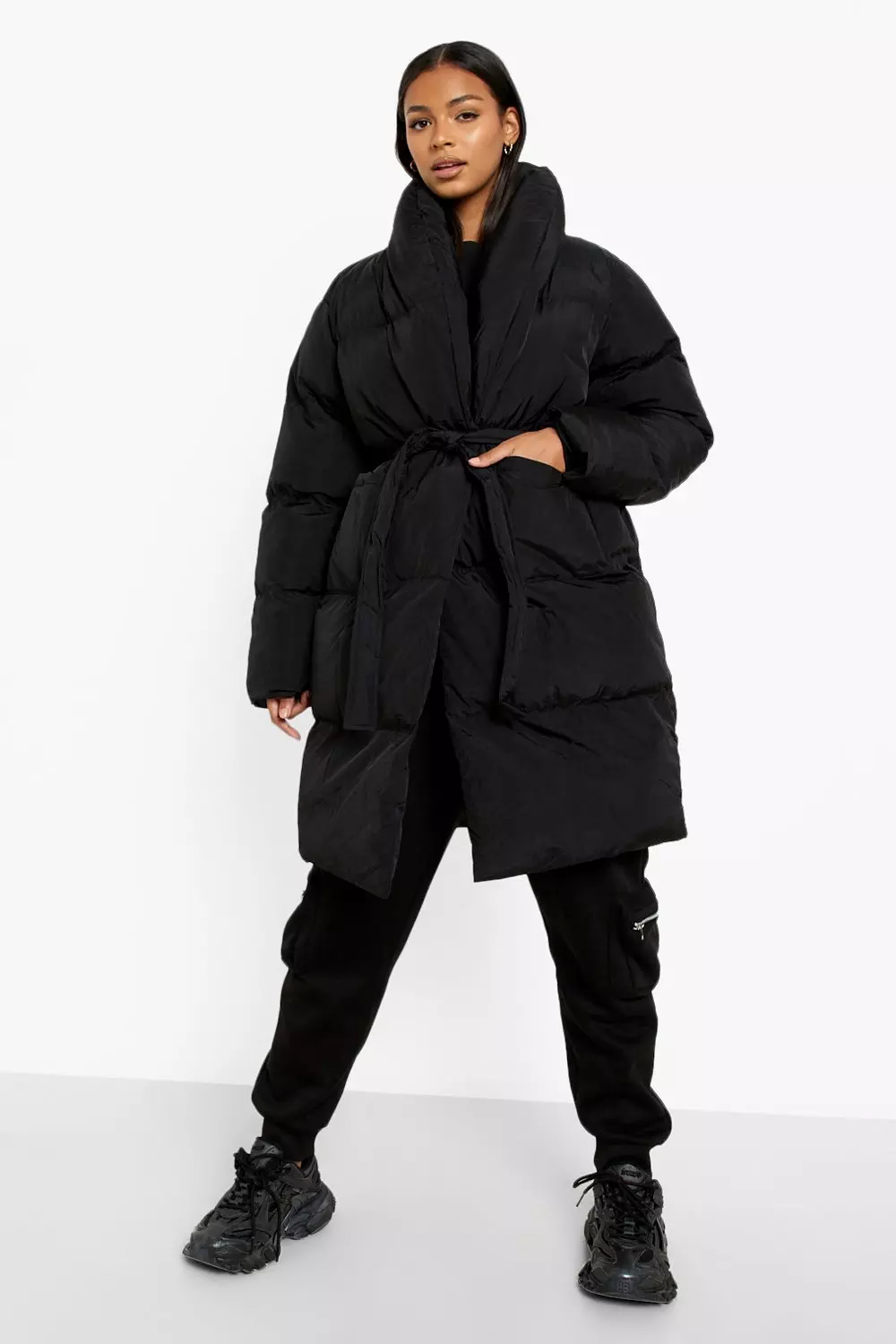 Black longline discount belted puffer jacket