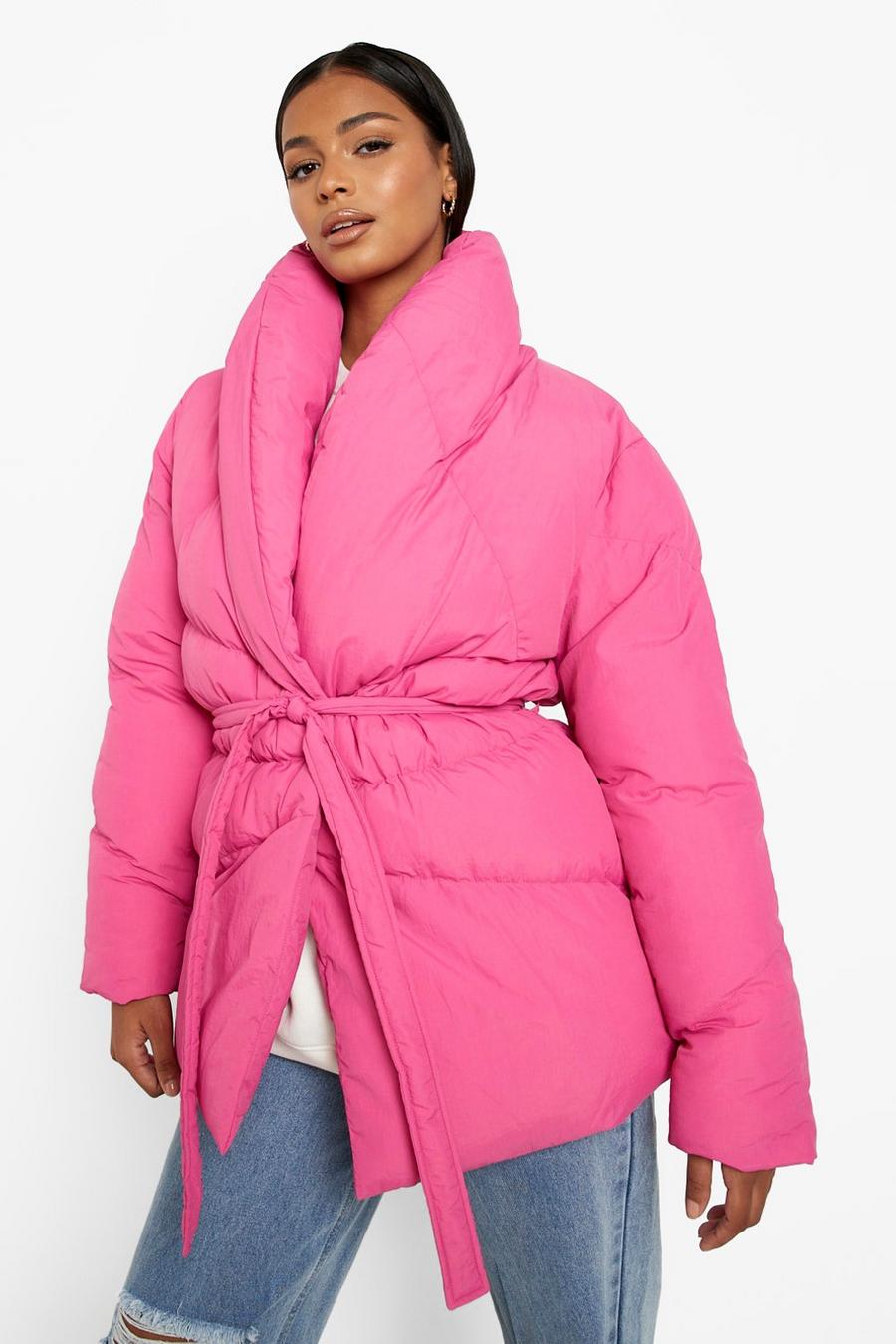 Pink Wrap Belted Duvet Puffer Jacket image number 1